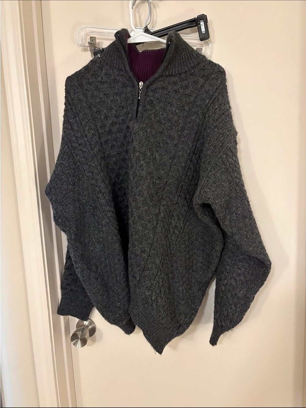 Men's Dark Charcoal Cable-Knit Half-Zip Crewneck Sweater Ireland wool